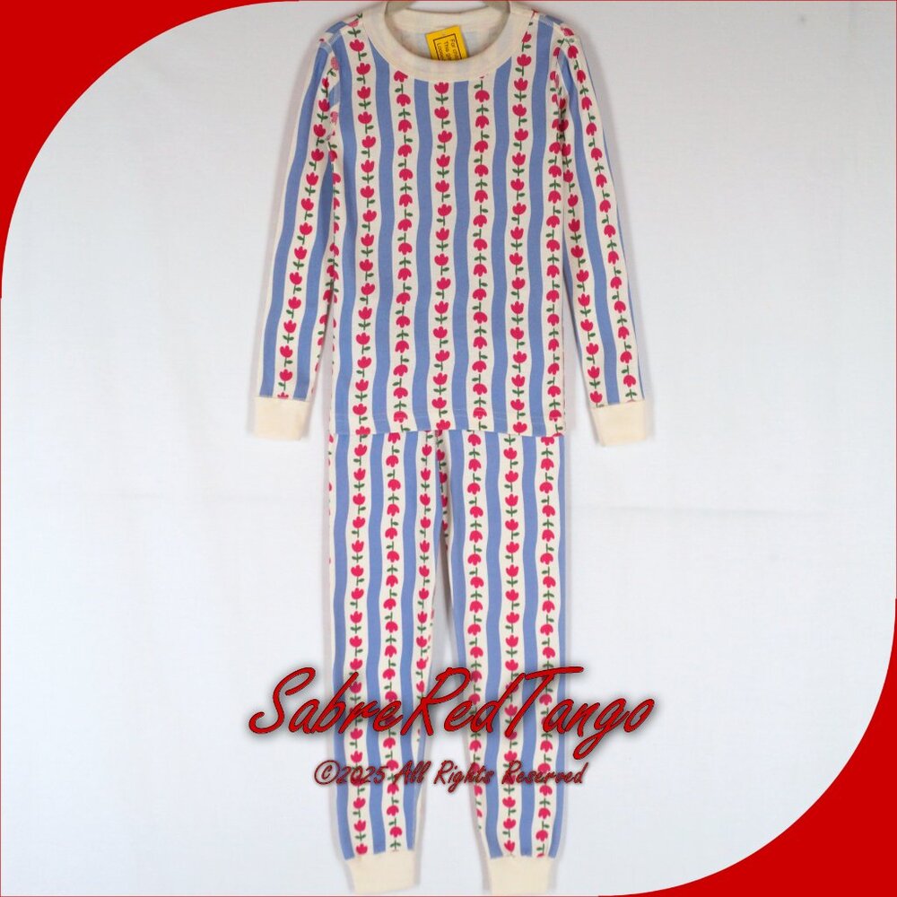NWT Hanna Andersson Organic Long Johns Pajamas Blue Tulip Stripe 120 6 7